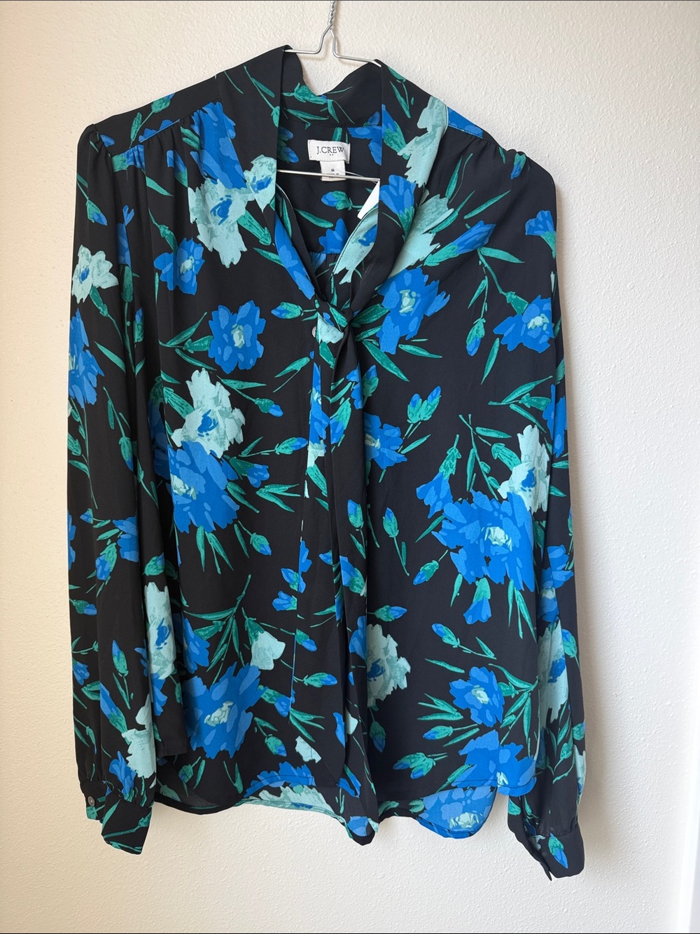J. Crew Factory Black Floral Tie-Neck Blouse with Blue & Green Blooms